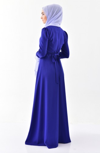 فستان بتصميم حزام للخصر مُزين بالؤلؤ 0206-02 لون ازرق 0206-02
