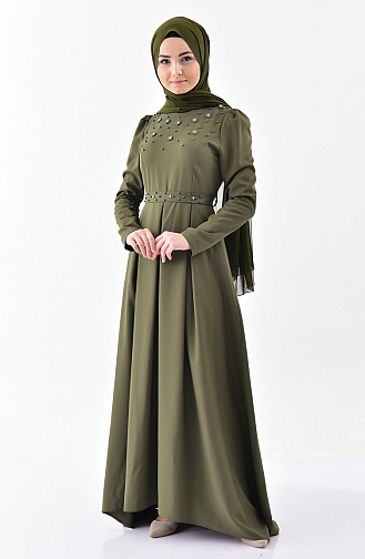 فستان بتصميم حزام للخصر مُزين بالؤلؤ 0206-08 لون اخضر كاكي 0206-08