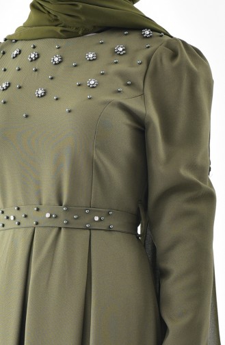 فستان بتصميم حزام للخصر مُزين بالؤلؤ 0206-08 لون اخضر كاكي 0206-08