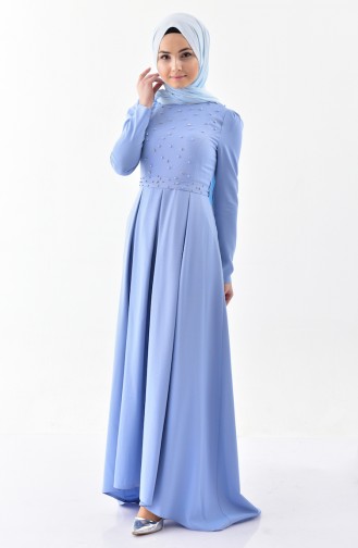 Taşlı Kuşaklı Elbise 0207-03 Mavi