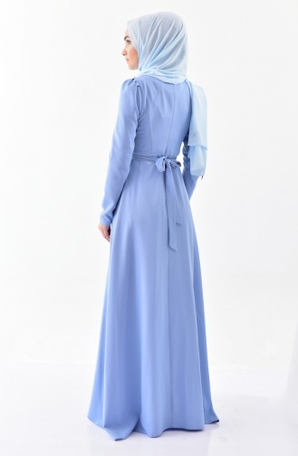 Taşlı Kuşaklı Elbise 0207-03 Mavi
