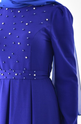 فستان بتصميم حزام للخصر مُزين باحجار لامعة 0207-04 لون ازرق 0207-04