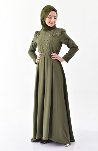 فستان بتصميم حزام للخصر مُزين باحجار لامعة 0207-05 لون اخضر كاكي 0207-05