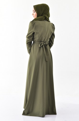 فستان بتصميم حزام للخصر مُزين باحجار لامعة 0207-05 لون اخضر كاكي 0207-05