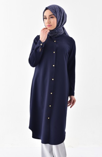 Shirt Collar Buttoned Tunic 3010-02 Navy Blue 3010-02