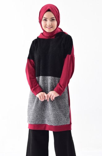 Hooded Fur Tunic 0418-04 Claret Red Gray 0418-04