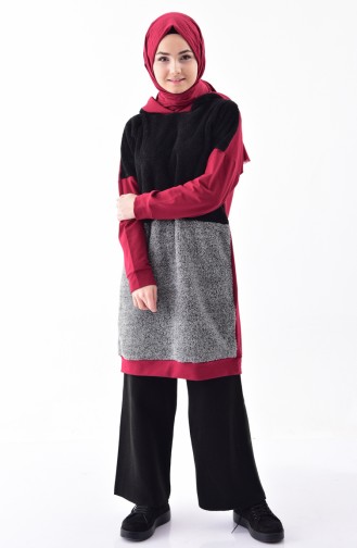 Hooded Fur Tunic 0418-04 Claret Red Gray 0418-04