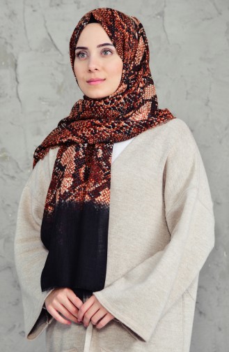 Desenli Flamlı Cotton Şal 2157-07 Siyah Tarçın Renk