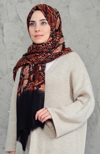 Desenli Flamlı Cotton Şal 2157-07 Siyah Tarçın Renk