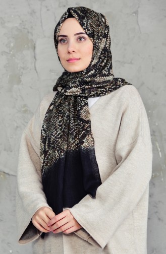 Patterned Flamed Cotton Shawl 2157-09 Black Khaki 2157-09