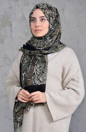 Desenli Flamlı Cotton Şal 2158-04 Siyah Haki