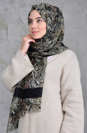 Patterned Flamed Cotton Shawl 2158-04 Black Khaki 2158-04