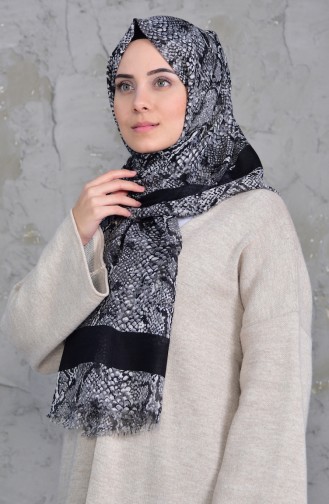 Desenli Flamlı Cotton Şal 2158-05 Siyah Gri