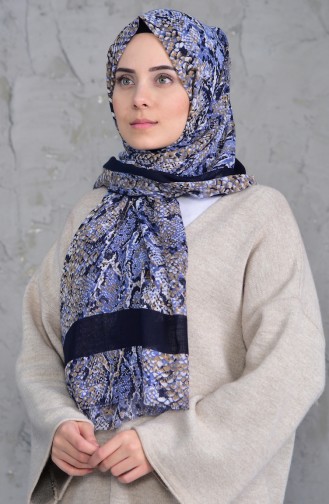 Desenli Flamlı Cotton Şal 2158-07 Lacivert