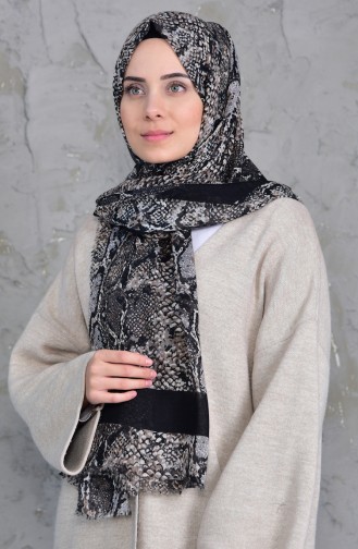 Desenli Flamlı Cotton Şal 2158-09 Siyah Bej