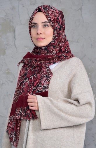 Desenli Flamlı Cotton Şal 2158-10 Vişne