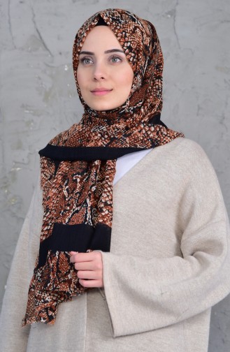 Desenli Flamlı Cotton Şal 2158-12 Siyah Tarçın Renk