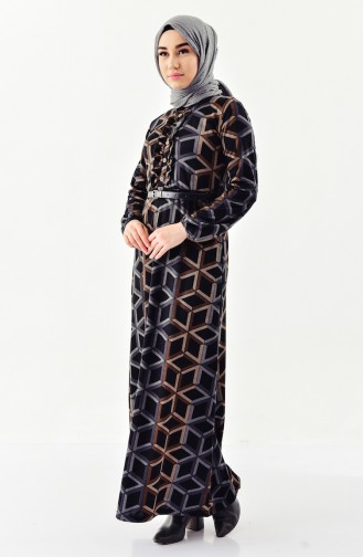 Kemerli Fırfırlı Elbise 4060-03 Siyah Kahverengi