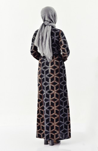 Kemerli Fırfırlı Elbise 4060-03 Siyah Kahverengi