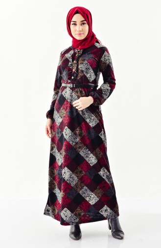 YNS Belted Frilled Dress 4060A-01 Black Claret red 4060A-01