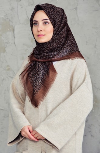 Desenli Flamlı Cotton Eşarp 2156-17 Kahverengi Siyah