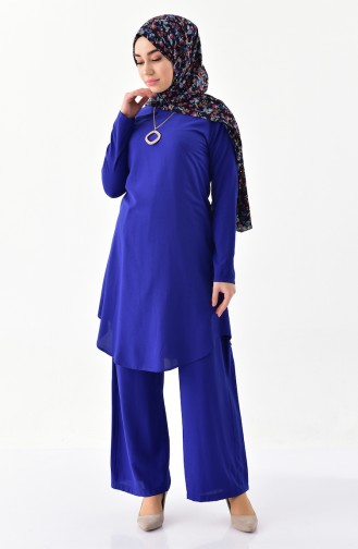 Ensemble Deux Pieces Tunique Pantalon avec Collier 1187-01 Bleu Roi 1187-01