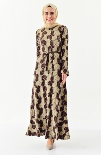 دلبر فستان وشال بتصميم مُطبع 7152-01 لون بُني 7152-01