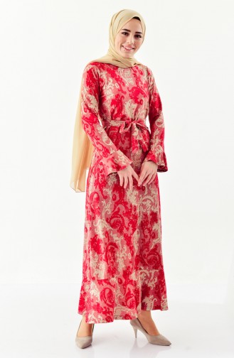 Dilber Shawl Patterned Dress 7154-01 Claret Red 7154