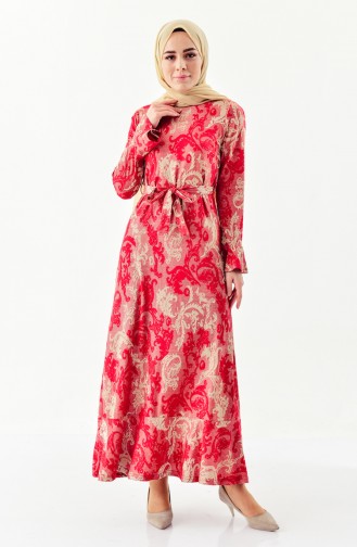 دلبر فستان وشال بتصميم مُطبع 7154-01 لون خمري 7154
