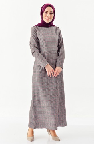 Plaid Patterned Pleated Dress  2044C-01 Gray Purple 2044C-01