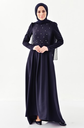 Stone detailed Belted Dress 0207-09 Navy Blue 0207-09