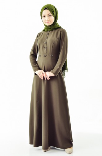 فستان بتفاصيل من الؤلؤ 0049-01 لون اخضر كاكي 0049-01