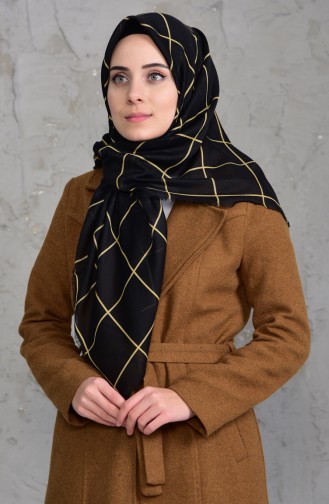 Square Patterned Cotton Scarf 901424-04 Black Yellow 901424-04