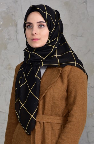 Square Patterned Cotton Scarf 901424-04 Black Yellow 901424-04