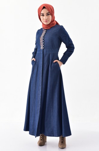 Embroidery Detailed Jeans Abaya 9257-01 Navy Blue 9257-01