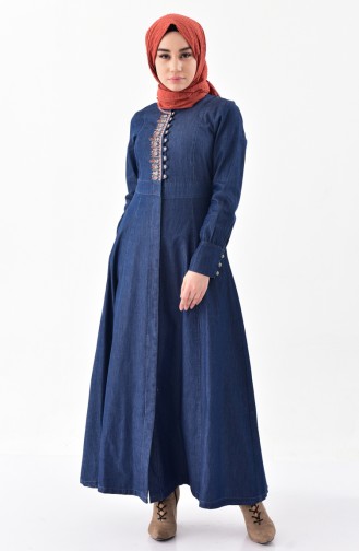 Embroidery Detailed Jeans Abaya 9257-01 Navy Blue 9257-01