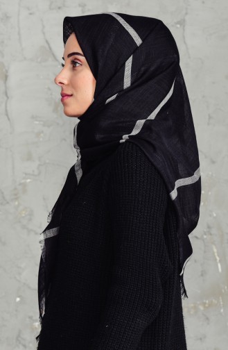 Çizgili Flamlı Cotton Eşarp 2159-01 Siyah