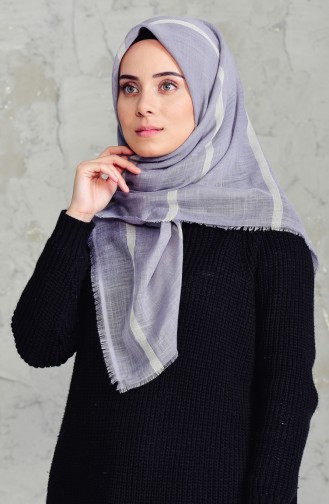 Çizgili Flamlı Cotton Eşarp 2159-02 Gri