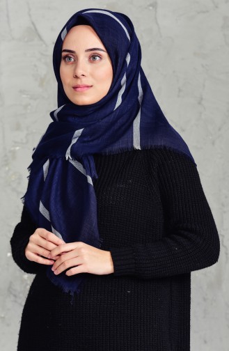 Çizgili Flamlı Cotton Eşarp 2159-04 Lacivert