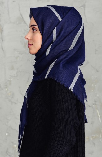 Çizgili Flamlı Cotton Eşarp 2159-04 Lacivert