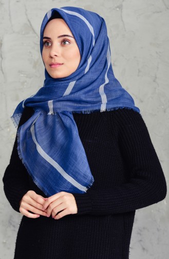 Çizgili Flamlı Cotton Eşarp 2159-08 İndigo