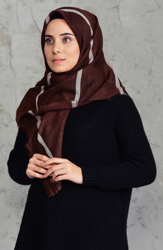 Çizgili Flamlı Cotton Eşarp 2159-16 Kahverengi