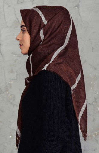 Çizgili Flamlı Cotton Eşarp 2159-16 Kahverengi 2159-16