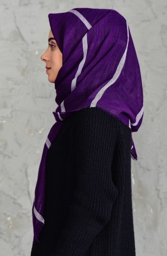 Çizgili Flamlı Cotton Eşarp 2159-17 Mor 2159-17