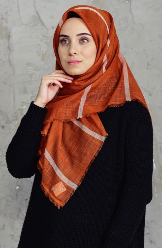 Çizgili Flamlı Cotton Eşarp 2159-18 Kiremit