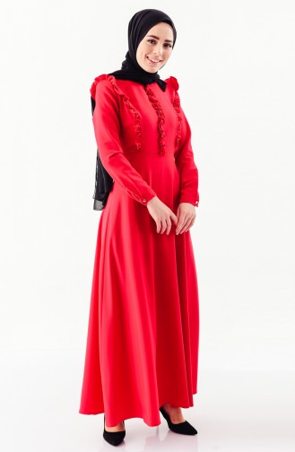 Fırfırlı Elbise 4044-01 Kırmızı