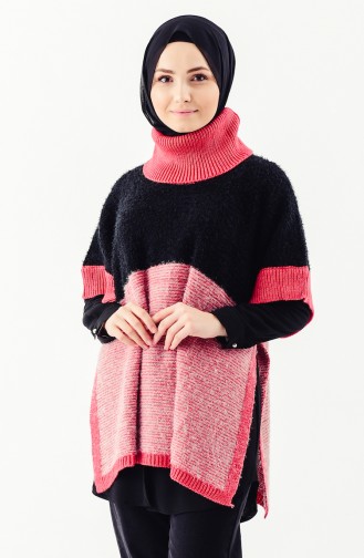 Polo-Neck Knitwear Poncho 8003-03 Black Dark Fuchsia 8003-03