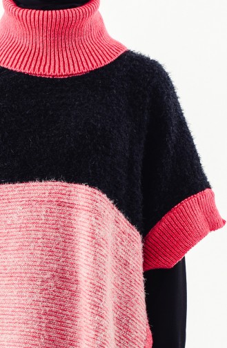 Polo-Neck Knitwear Poncho 8003-03 Black Dark Fuchsia 8003-03