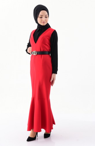 Fırfırlı Jile Elbise 0140-02 Kırmızı