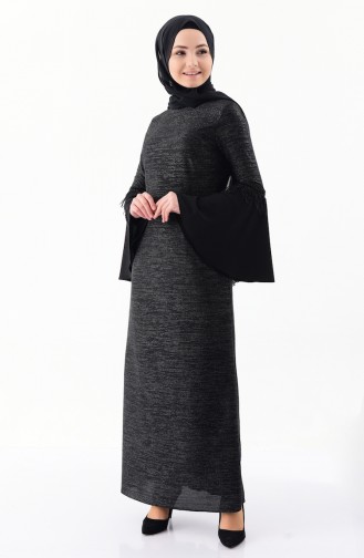 İspanyol Kol Simli Elbise 4249-01 Siyah